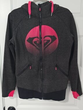 Woman's  Full Zip Hoodie, Roxy Charcoal & Pink Logo